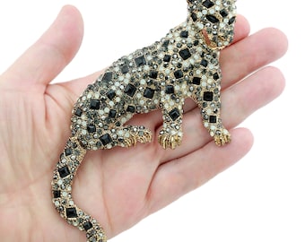 Extra Large Leopard Brooch, Rhinestone Wild Animal Brooch Pin, Women Brooches Pins, Leopard Jewelry Gift, Big Black Crystal Brooches