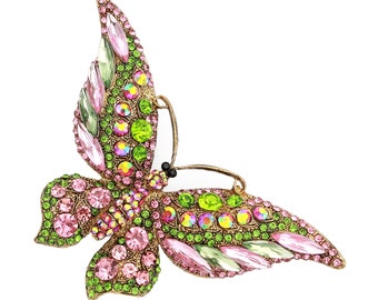 Rhinestone Butterfly Brooch, Pink Green Brooches Pins, Dress Pin, Wedding Bouquet Butterflies Broaches, Green Pink Crystal Brooch Gift