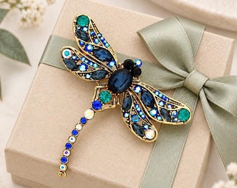 Blue Dragonfly Brooch Pin, Crystal Rhinestone Insect Jewelry