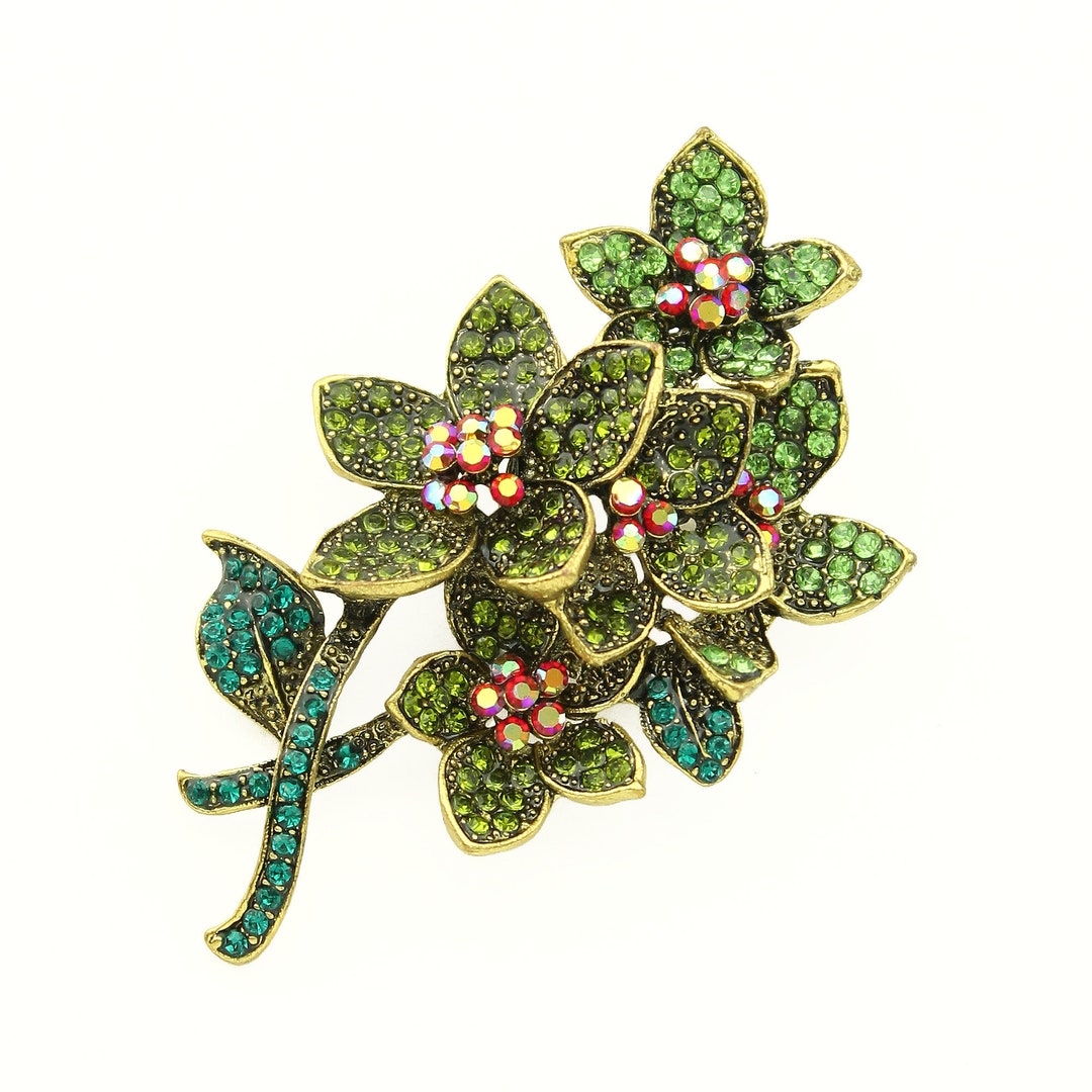 Flower Bouquet Brooch Pin Green Crystal Brooches Pins Etsy