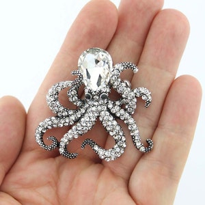 Octopus Rhinestone Brooch, Nautical Ocean Brooches Pins Women, Silver Crystal Octopus Pin, Beach Wedding Decor, Sea Life Creature Brooch