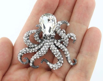 Silver Tone Rhinestone Octopus Brooch Nautical Breastpins for Women Party Beach Fun Sparkly Crystal Gift for Her Sea Life Animal Pin Clip