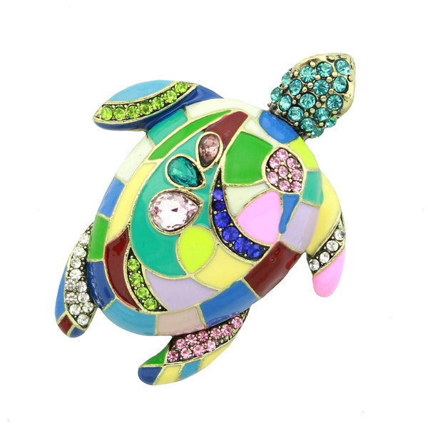 Unique Sea Turtle Brooch, Multicolor Crystal Brooches Pins, Clothing Decoration, Rhinestone Turtle Pin, Sea Life Jewelry Metal Broaches Gift