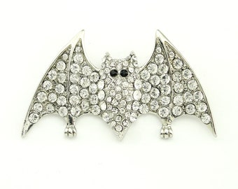 Silver Plated Rhinestone Winged Bat Brooch Women Sparkly Clear Crystal Pin Clip Halloween Party Jewelry Clothing Adornment Fun Gift for Her
