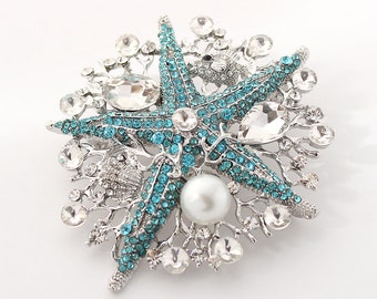 Starfish Brooch, Women Rhinestone Brooches Pins, Large Blue Starfish Pin,  Beach Wedding Dress Decoration, Blue Crystal Brooches Pins Crafts