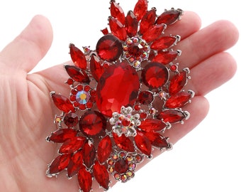 Crystal Red Brooch, Large 4 inch Brooch, Rhinestone Brooches, Chunky Red Crystal Brooch, Party Dress Pin, Big Broaches Women Red Silver