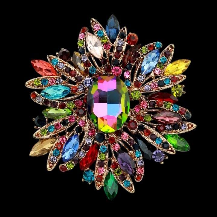 ✨ Multicolor Crystal Flower Brooch - Rainbow Fabric Petal Pin Rainbow Crystal Flower Brooch: Gold Tone Rhinestone Scarf  main image 3