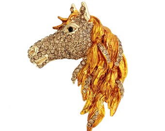 Rhinestone Horse Brooch: Gold Brown Crystal Broach Pin