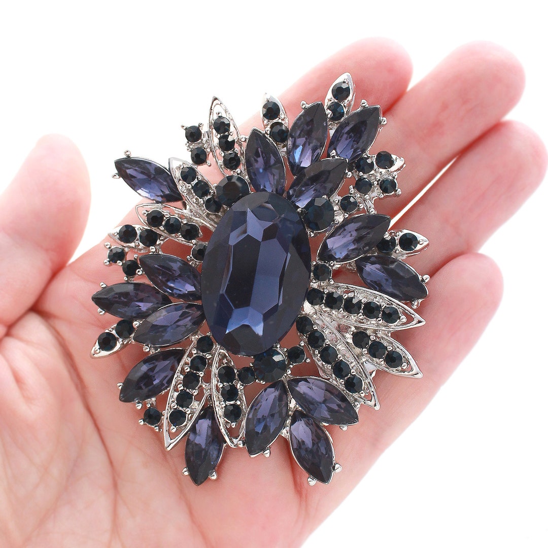 Navy Crystal Brooch, Blue Brooches Pins Women, Bridal Wedding Brooch, Cake Bouquet Rhinestone