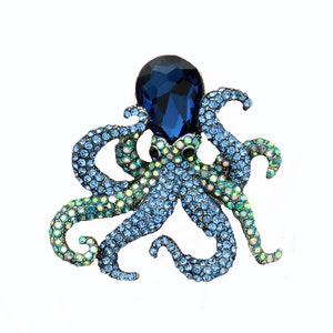 Rhinestone Octopus Brooch, Blue Brooches Pins, Crystal Blue Octopus Pin, Ocean Sea Brooches, Something Blue Bride Gift, Beach Bouquet Broach