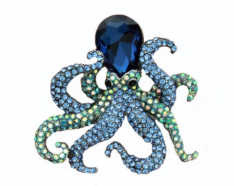 Rhinestone Octopus Brooch, Blue Brooches Pins, Crystal Blue Octopus Pin, Ocean Sea Brooches, Something Blue Bride Gift, Beach Bouquet Broach