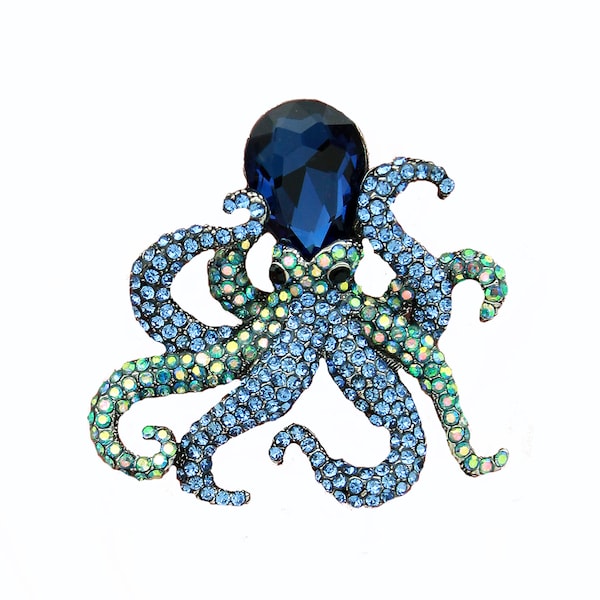 Rhinestone Octopus Brooch, Blue Brooches Pins, Crystal Blue Octopus Pin, Ocean Sea Brooches, Something Blue Bride Gift, Beach Bouquet Broach