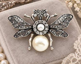 Art Deco Bee Brooch: Pearl Rhinestone Silver Pin