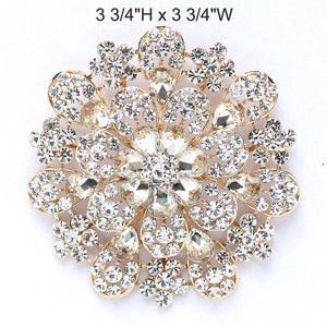 Large Gold Rhinestone Brooch, Bridal Accessory 3.75 inch Round Gold Dress Sash Pin, Wedding Cake Decor, Big Gold Crystal Brooches Pins Gift