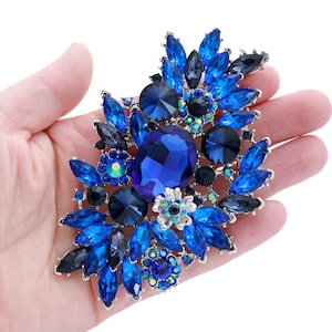 Crystal Blue Brooch, Large 4 inch Brooch, Dark Blue Rhinestone Brooches Pins, Chunky Crystal Brooch Party Dress Pin Decoration, Big Broaches