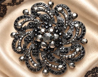 Black Crystal Brooch, Large Ornate Vintage Style Dress Sash Pin Embellishment