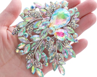 Large Iridescent Rhinestone Brooch: Silver Plated Crystal Pin Dress Decoration