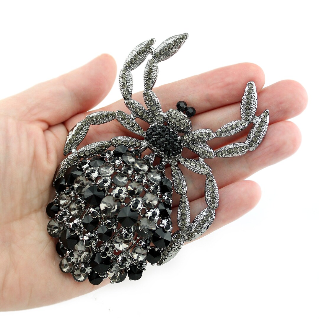 Large Spider Brooch Black Crystal Tarantula Brooch Halloween Etsy
