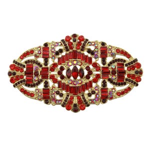 Art Deco Red Crystal Brooch: Gold Rhinestone Flapper Jewelry