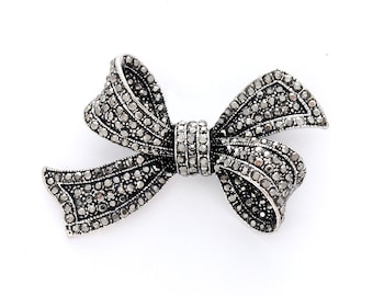 Black Rhinestone Bow Brooch: Silver Plated Crystal Bowknot Pin