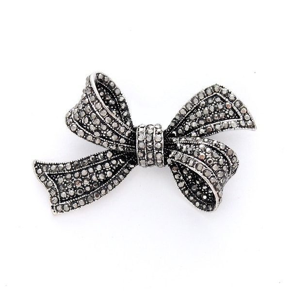 Black Rhinestone Ribbon Bow Brooch Women Daily Wear Pin Clips Accented with Crystals Her Jewelry Gifts Sweater Dress Suit Scarf Breastpin