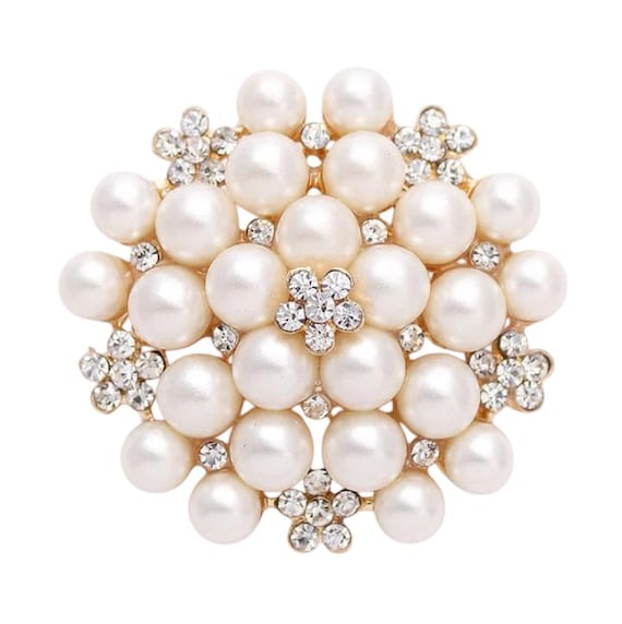 Gold Plated Pearl Rhinestone Brooch: Bridal Dress Pin