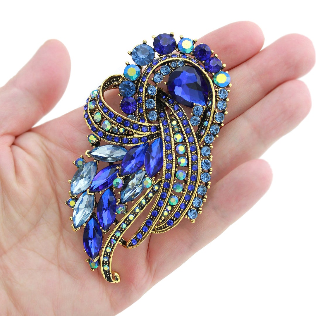 Gold Blue Rhinestone Brooch, Art Deco Style Brooches Pins, Dress Pin