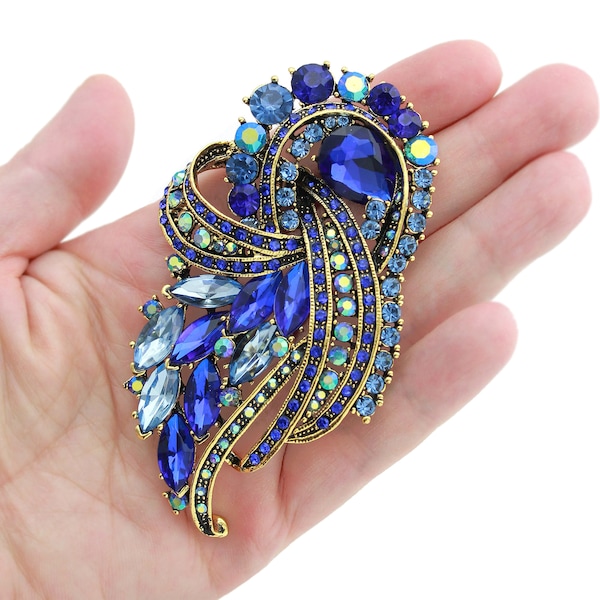 Gold Blue Rhinestone Brooch, Art Deco Style Brooches Pins, Dress Pin Decoration, Crystal Broach, Sapphire Blue Broaches Women Accessory