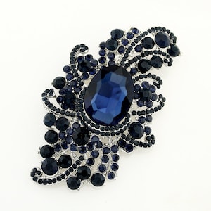 Blue Rhinestone Brooch, Dress Pin Sash Brooch, Large Navy Crystal Brooch, Bridal Bridesmaid Brooch, Dark Blue Broaches Pins Women Fashion