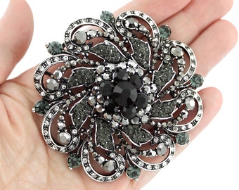 Large Brooch Crystal Black, 3 inch Rhinestone Brooch, Big Round Brooch Cake Decor, Dress Sash Brooch Pin, Black Brooches Pins Women Fashion