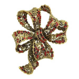 Large Red Crystal Bow Brooch: Gold Filigree Ribbon Pin