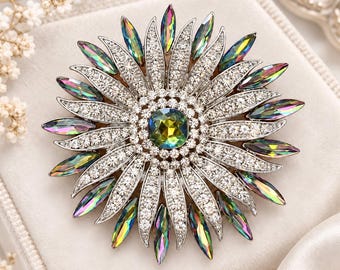 Iridescent Green Crystal Sunburst Brooch, Silver Plated Dress Sash Pin, Blazer Lapel Jewelry