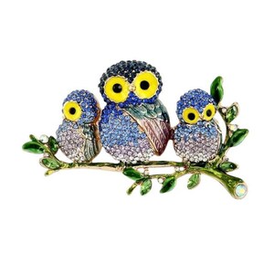 Rhinestone Blue Brooch, Owl Brooch, Crystal Blue Brooch, Blue Rhinestone Owls Brooch, Bird Lover Jewelry Gift