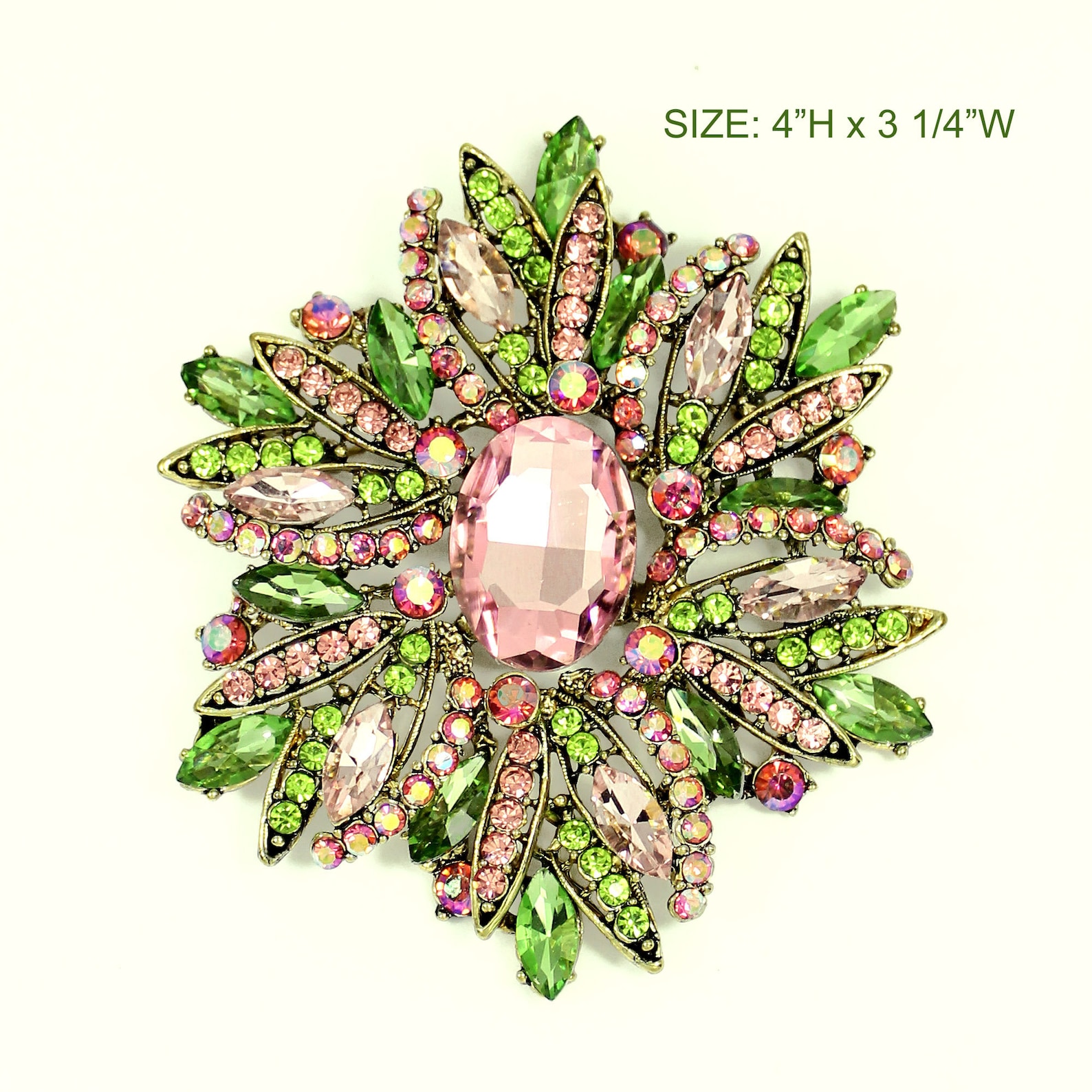 Large Crystal Rhinestone Brooch Pink Green Dress Pin Brooch Etsy
