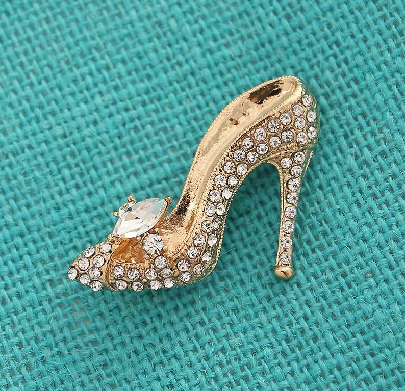 Cinderella Shoe Brooch Crystal Gold Shoe Pin Princess