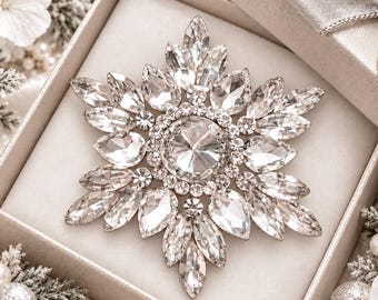 Large Clear Crystal Snowflake Brooch, Rhinestone Christmas Pin, Holiday Dress Accessory