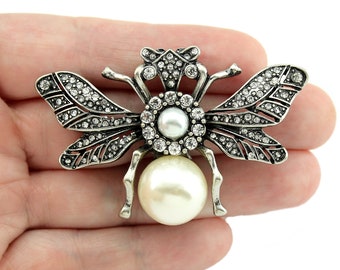 Crystal Pearl Bee Brooch, Art Deco Style Pearl Brooches Pins Women, Silver Bee Pin, Dress Rhinestone Brooch, Corsage Clutch Bees Broaches