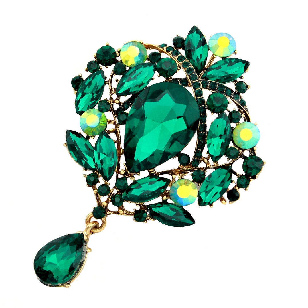 Green Rhinestone Brooch, Women Brooches Pins, Teardrop Emerald Dress