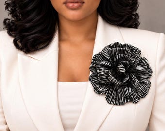 Oversized Metallic Silver Flower Brooch, Striped Fabric Applique, Suit Lapel Statement Pin