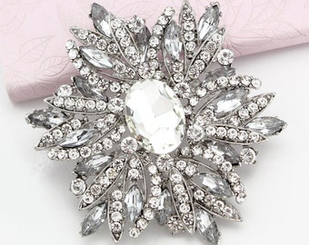Extra Large Rhinestone Brooch: Silver Crystal Pin Sparkly Wedding Decoration Accent