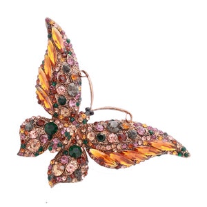 Butterfly Etched Enamel Pearl Rhinestones Vintage Gold Brooch Pin Pendant  M-1003