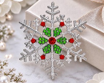 Red Green Christmas Snowflake Brooch, Silver Rhinestone Holiday Pin, Winter Jewelry Embellishment