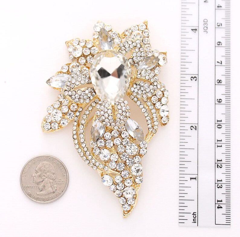 Large Crystal Brooch Dress Pin Sash Broach Gold Rhinestone Etsy