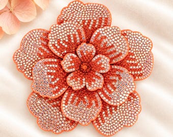 Large Orange Crystal Flower Brooch, Rhinestone Corsage Pin, Fleece Applique