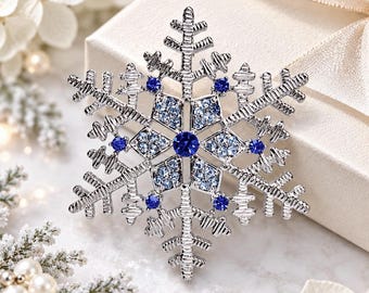 Blue Christmas Snowflake Brooch, Silver Rhinestone Holiday Pin, Winter Wedding Jewelry