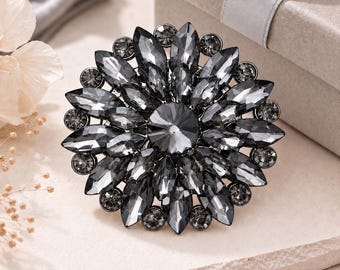 Black Crystal Round Brooch, Smoky Gray Marquise Rhinestone Pin, Lapel Dress Embellishment