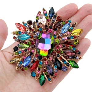 Large Rhinestone Brooch, Multi Color Brooch, Dress Pin Brooch, Rainbow Crystal Brooches Pins, Cake Brooch, Wedding Rhinestone Brooches