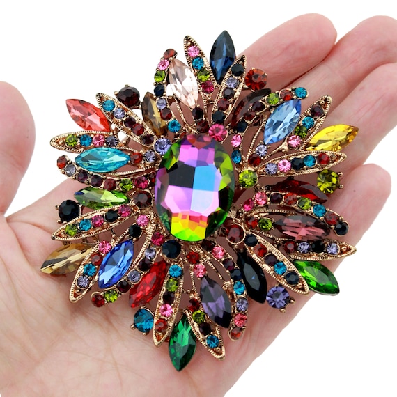 Large Rhinestone Brooch, Multi Color Brooch, Dress Pin Brooch