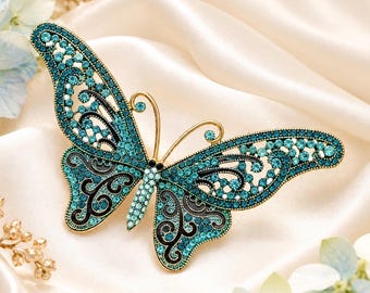 Blue Crystal Butterfly Brooch, Large Rhinestone Lapel Pin, Nature Inspired Jewelry
