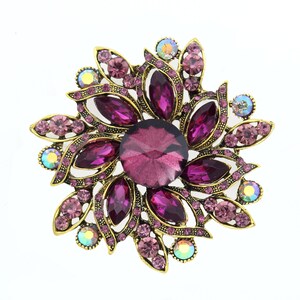 Purple Crystal Flower Brooch: Gold-Tone Rhinestone Pin, Holiday Jewelry